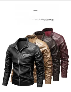 Front view of men's slim fit motorcycle jackets in black, khaki, brown, and burgundy red