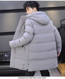 Detail of the side view showing horizontal quilting and hood on this gray men coat