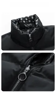 Close-up of stand-up collar with bandana pattern lining and silver metal ring zipper