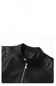 Detail of men's slim fit motorcycle jacket featuring stand collar and metal zipper