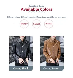 Close-up of black and brown faux leather jackets featuring lapels and patch pockets