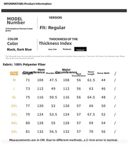 Size chart table for men's graphene winter jacket showing measurements from M to 5XL