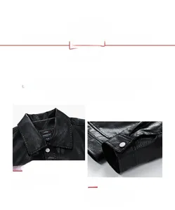 Close-up detail of lapel collar and metal button cuff on black leather jacket