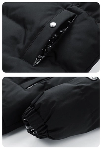 Detail view of windproof jacket showing silver snap pocket and patterned lining cuffs