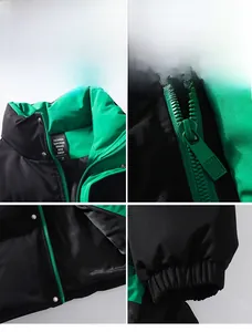 Close-up detail of stand-up collar and black-green stitching on winter jacket