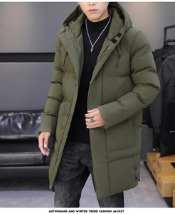 Detail view of olive green men puffer coat with hood and horizontal quilting design