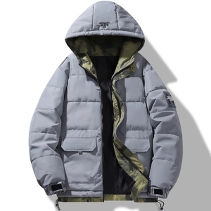 Men's winter hooded puffer jacket in light grey with camouflage lining and cargo pockets