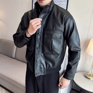 Men Stand Collar PU Leather Jacket Casual Slim Fit Solid Color Windproof Motorcycle Coat With Multi Pockets For Men