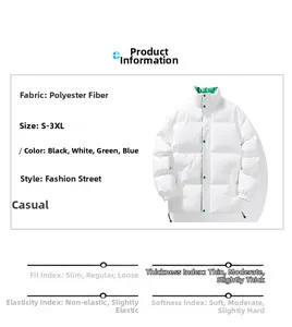 Detail of white stand-collar puffer jacket featuring vibrant green contrast inner lining