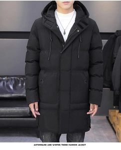 Close-up of black hooded mid-length parka with quilted windproof fabric and dual front closure