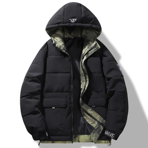 Men's winter hooded puffer jacket in black with camo lining and stylish sleeve graphic