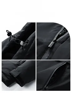 Detail view of waterproof zippers, adjustable cuffs and drawstring hood on black winter jacket