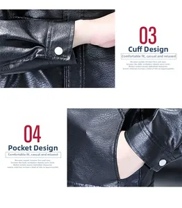 Detail of litchi texture PU leather jacket showing cuffs and silver metal button pockets