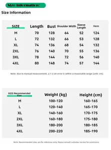 Size chart for winter padded jacket showing measurements for M to 4XL in centimeters