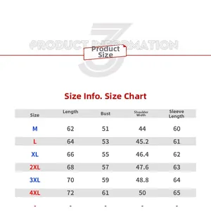 Detailed size chart for men's winter jacket showing M to 4XL measurements in CM