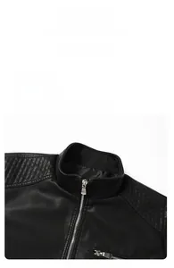 Detail of men's black PU leather jacket featuring ribbed stand collar and quilted shoulders