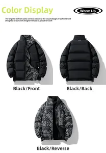 Detail of reversible winter jacket with black quilted side and white paisley pattern side