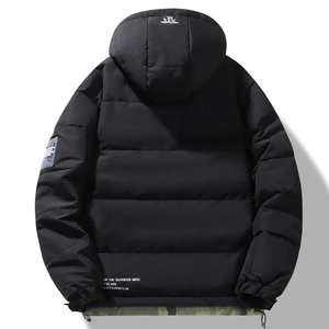 Men's winter hooded puffer jacket in black with back slogan print and quilted design