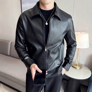 Men's Business Casual PU Leather Jacket Slim Fit Lapel Collar Zip Up Faux Leather Outwear Coat Solid Color Autumn Winter Men Clothing