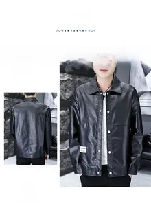 Detailed view of men's black PU leather jacket featuring lapel collar and stylish labels