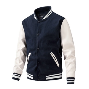 Classic navy varsity jacket with white PU leather sleeves and striped ribbed trims
