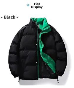 Detail of black puffer jacket with stand collar and contrasting vibrant green lining