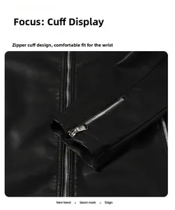 Detailed close-up of a black faux leather jacket sleeve featuring a silver metal zipper