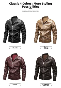 Detail view of men's slim fit pu leather motorcycle jackets in four classic colors