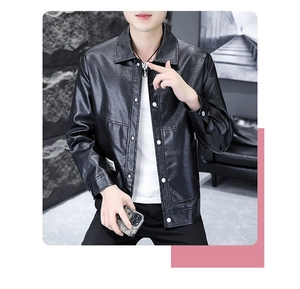 Close-up of black PU leather jacket featuring lapel collar, metal buttons, and large utility pockets