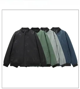 Detail of baseball collar jacket with geometric texture and ribbed cuffs in four colors