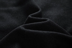 Detailed close-up showing the soft texture and thick wool fabric of the black winter jacket