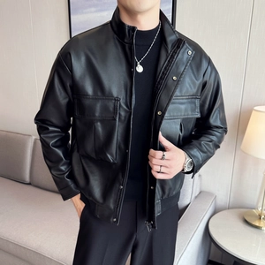 Men's black moto PU leather jacket with stand collar and large pockets in matte finish