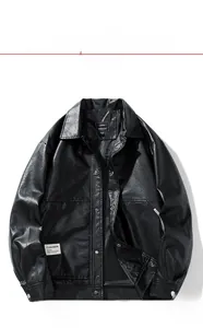 Detailed view of black PU leather jacket showing the collar design and button closure
