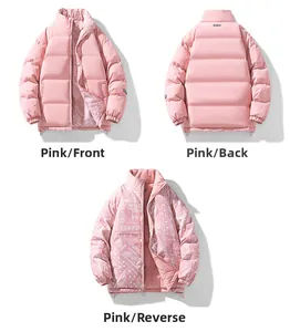 Pink reversible puffer jacket featuring a solid side and a paisley print side with stand collar