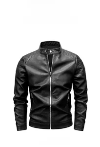 Detail view of the stand collar and quilted shoulder stitching on black faux leather biker jacket