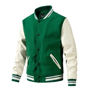Green wool varsity jacket with cream white PU leather sleeves and American vintage style