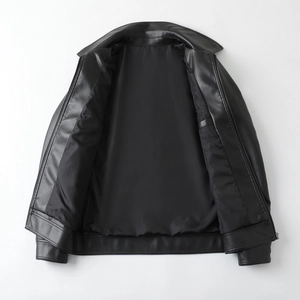 Classic slim fit black PU leather jacket for men featuring a lapel collar and zip closure