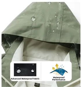 Detail of waterproof tech fabric on outdoor jacket with water droplets and size tag