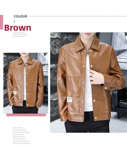 Macro detail of brown PU leather jacket featuring lapels and contrast white stitching