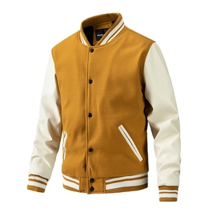 Men's American style varsity jacket in yellow wool and white PU leather sleeves