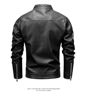 Back view of men's slim fit PU leather jacket featuring quilted shoulder stitching