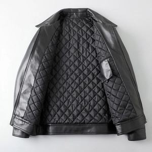 Slim fit black PU leather jacket with stand collar and quilted interior lining for men
