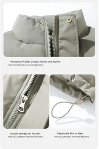 Detail of windproof stand collar, metal zipper closure, and adjustable elastic hem drawstring