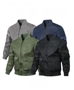 Detailed stack of MA1 bomber jackets in grey, navy, army green, and black colors