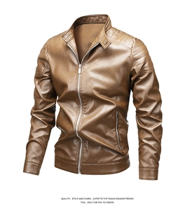 Detail of a brown PU leather motorcycle jacket featuring a stand collar and quilted shoulders
