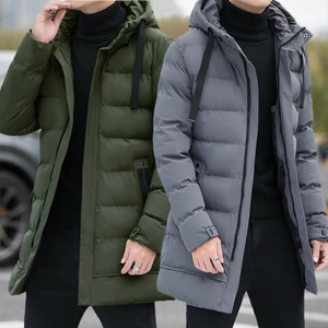 Men's mid-length hooded puffer jacket in army green and grey with quilted design