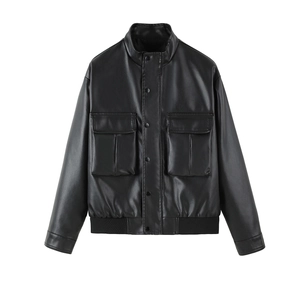 Men's black PU leather bomber jacket with stand collar and large utility chest pockets