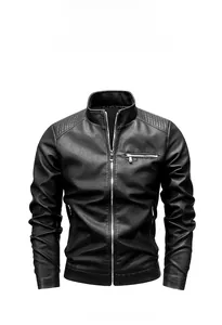 Detail of shoulder stitching and metal zipper on black slim fit men's faux leather jacket