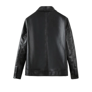 Men's slim fit black PU leather blazer jacket with stylish back seam and lapel collar