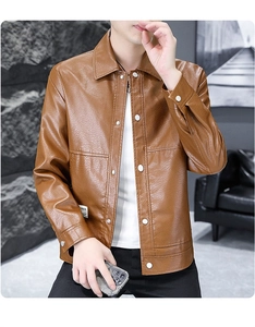 Detail of brown PU leather jacket featuring classic lapel collar and brand tag